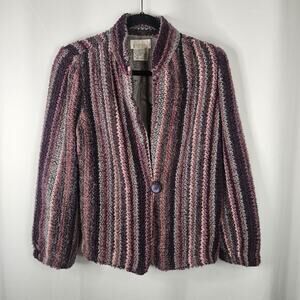 Vtg 80s Boucle Cardigan Purple Pink Lambswool Mohair Blend Knit Blazer Large 12